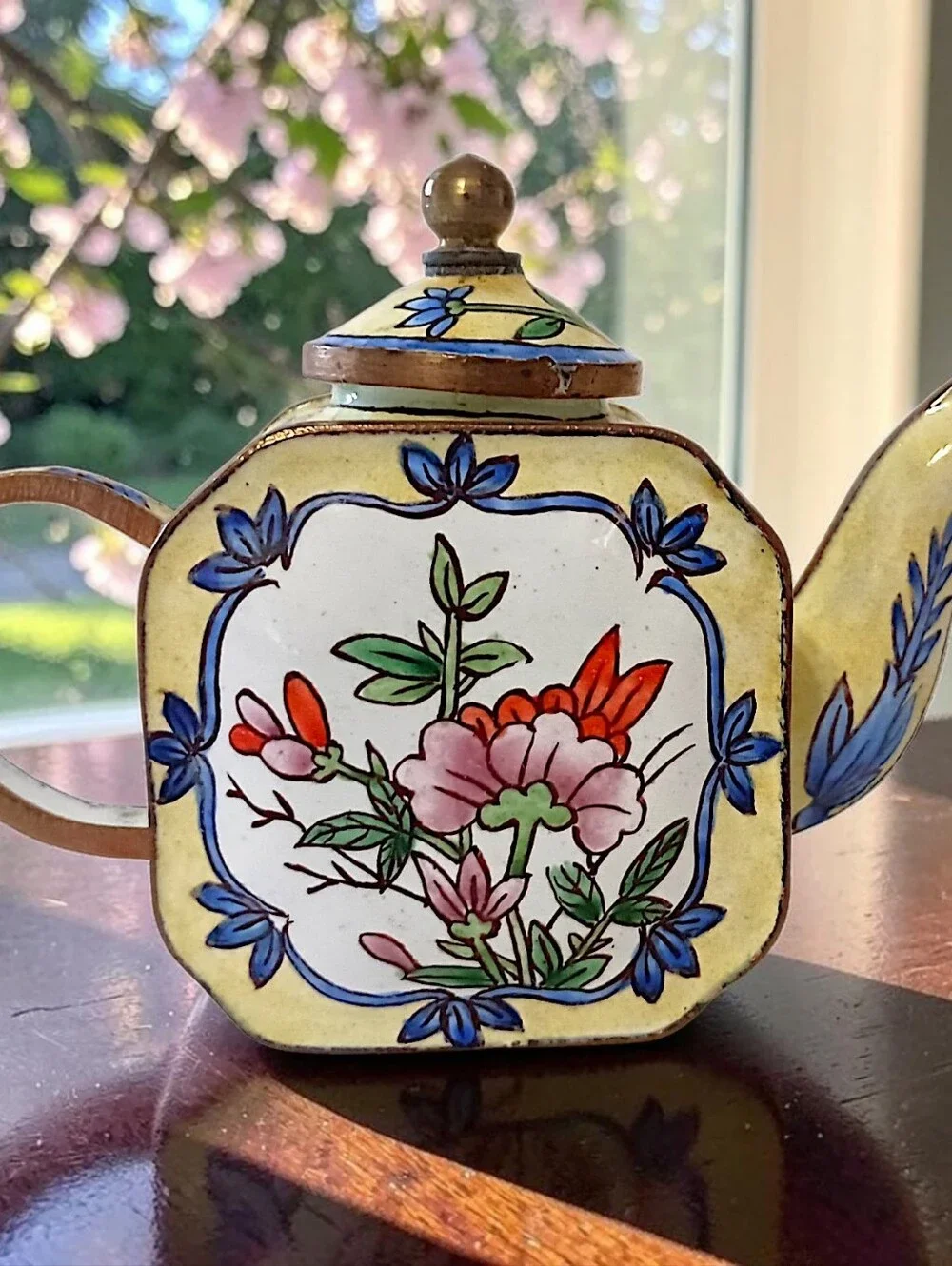 Vtg MINI Enameled Floral Teapot Chinoiserie Cloisonne Bloomcore Cottage Diorama